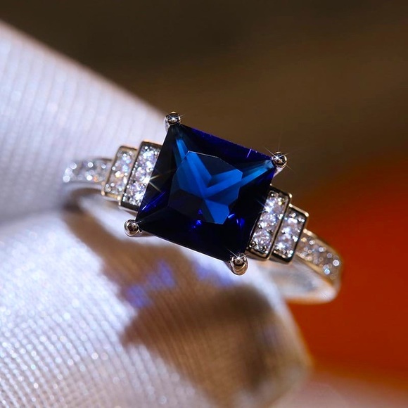 Jewelry - 925 Sterling Silver Square Cut Royal Blue CZ  Ring